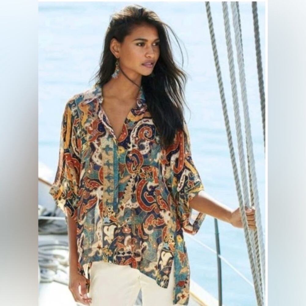 Peruvian Connection Islanders Brown Tan Multicolor Paisley Women's Top small